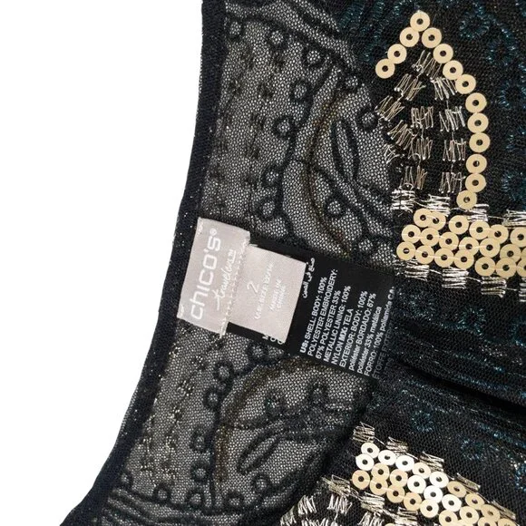 Chico's Sheer Open Jacket Travelers Collection Gold Black Geometric SZ L Sequin - Picture 8 of 11